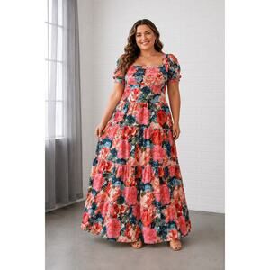 Rebdolls 2X Floral Tiered Mini Dress Puff Sleeve Smocked Back Cottagecore Boho